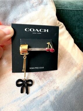 NWT Coach Earrings Bow Tie And Cherry Gold/black/pink $95
